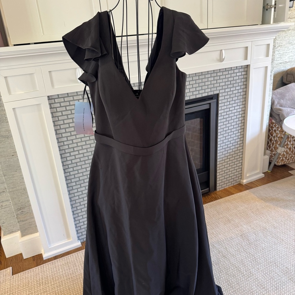 Kleinfeld Black bridesmaid dress with back zipper, a-line style, ruffle sleeves